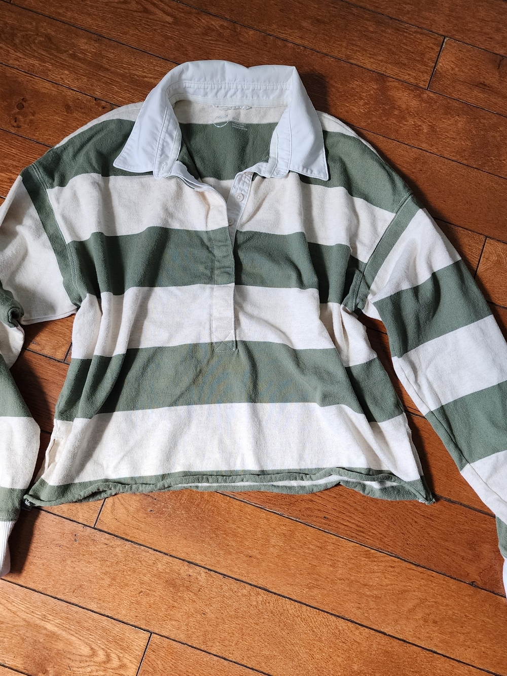 Aerie Rugby Shirt Women XS Green Striped Long Sleeve Cotton Casual